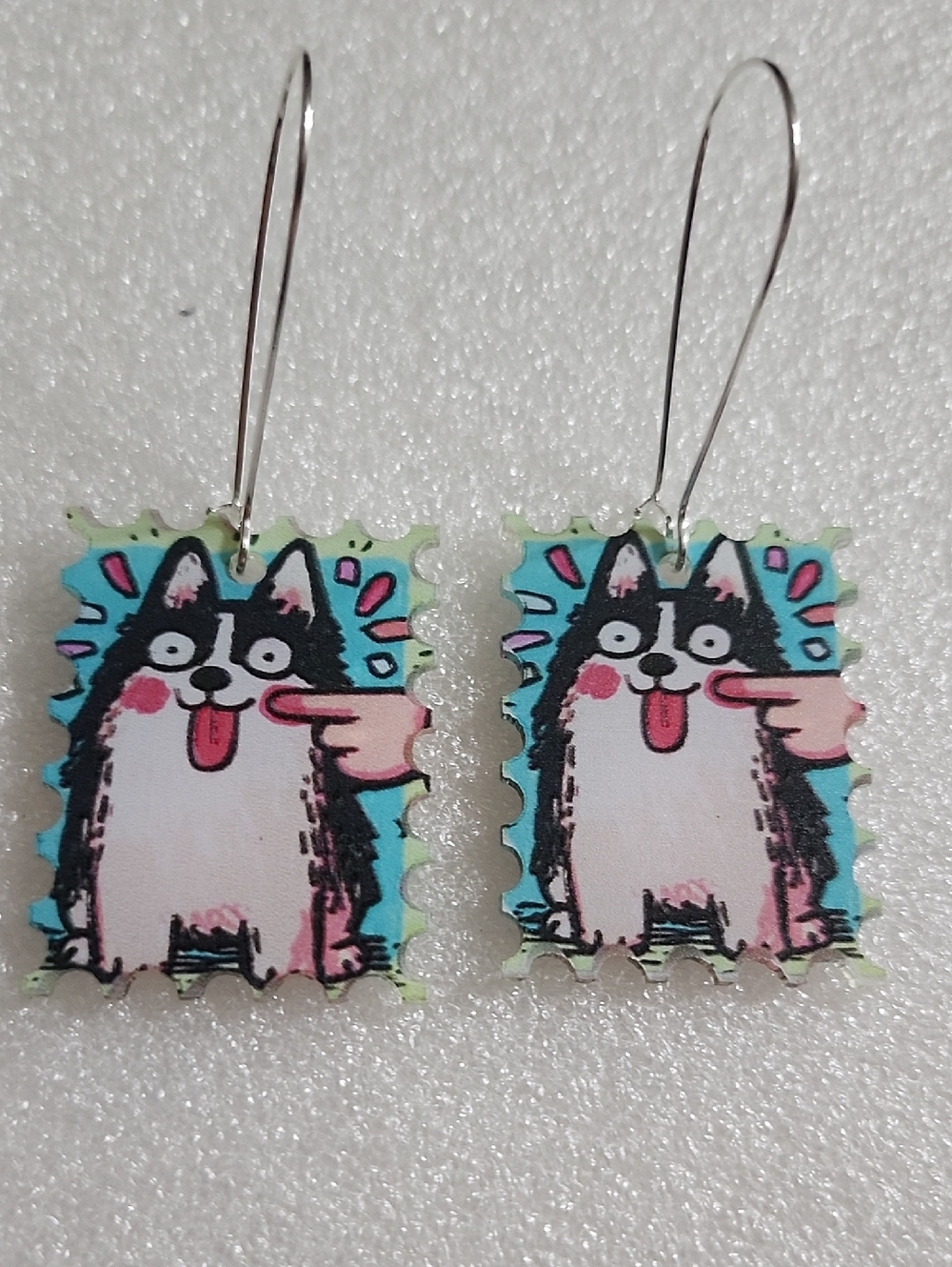 Hand Crafted Blue Pink Black Husky Stamp Dangle Earrings